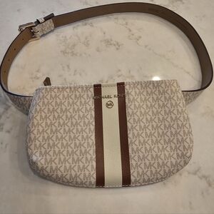 Michael Kors Jet Set Logo Stripe Belt Bag Cream Brown Gold Tone Hardware S/M